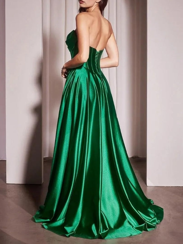 Prom Dresses for Women Strapless Long Party Dress with Split Elegant Satin Formal Evening Gown
